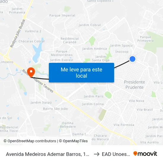 Avenida Medeiros Ademar Barros, 134 to EAD Unoeste map