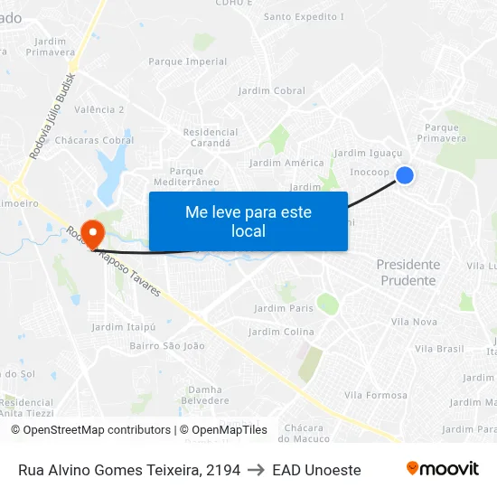 Rua Alvino Gomes Teixeira, 2194 to EAD Unoeste map
