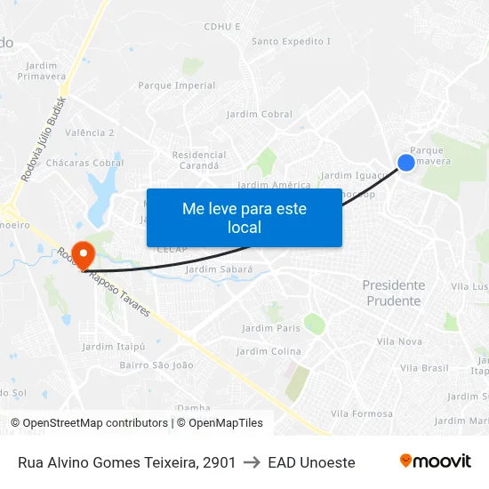 Rua Alvino Gomes Teixeira, 2901 to EAD Unoeste map