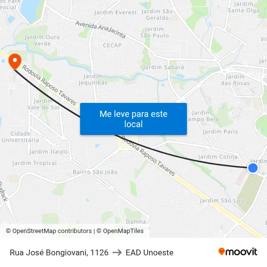 Rua José Bongiovani, 1126 to EAD Unoeste map