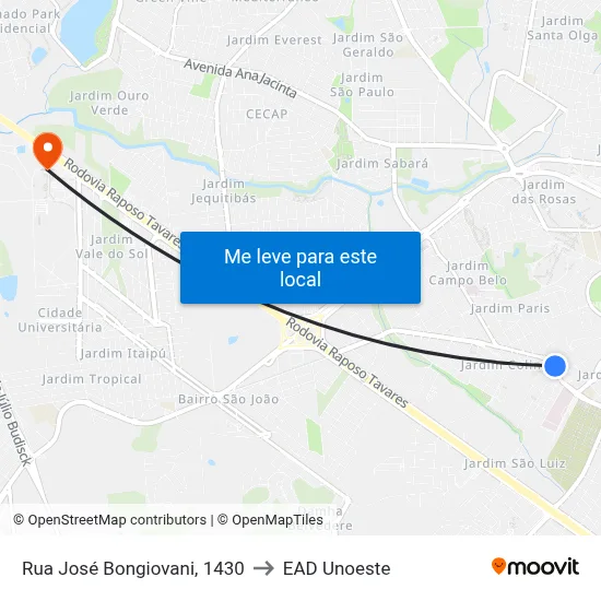 Rua José Bongiovani, 1430 to EAD Unoeste map