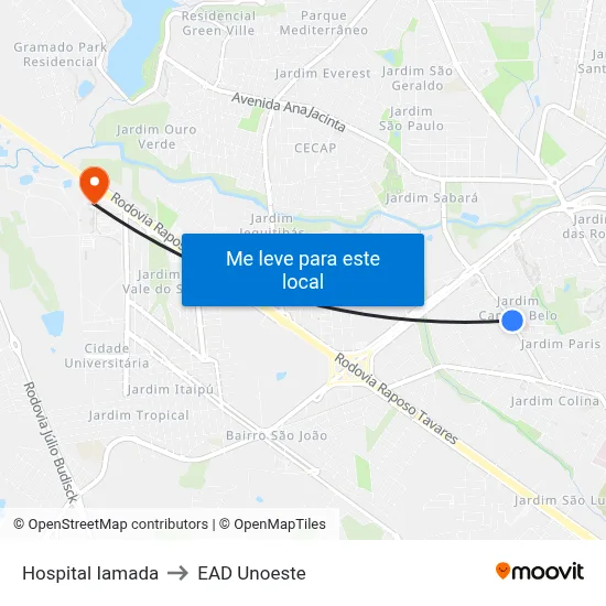 Hospital Iamada to EAD Unoeste map