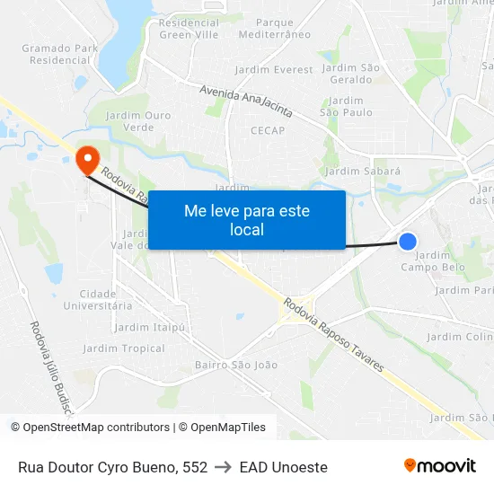 Rua Doutor Cyro Bueno, 552 to EAD Unoeste map
