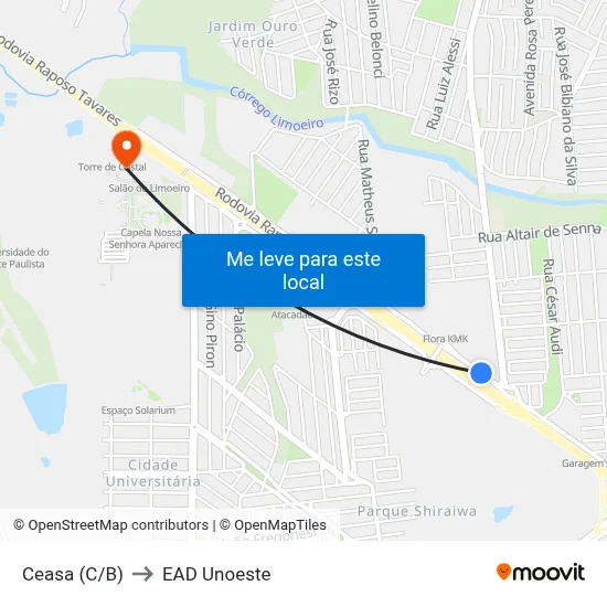 Ceasa (C/B) to EAD Unoeste map