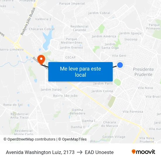 Avenida Washington Luiz, 2173 to EAD Unoeste map