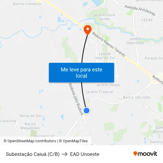 Subestação Caiuá (C/B) to EAD Unoeste map
