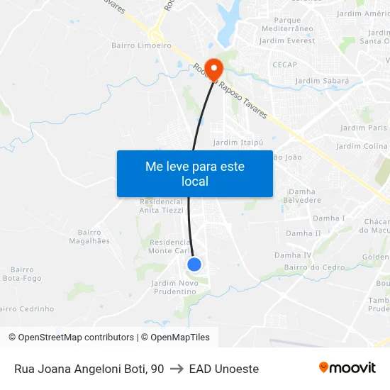 Rua Joana Angeloni Boti, 90 to EAD Unoeste map