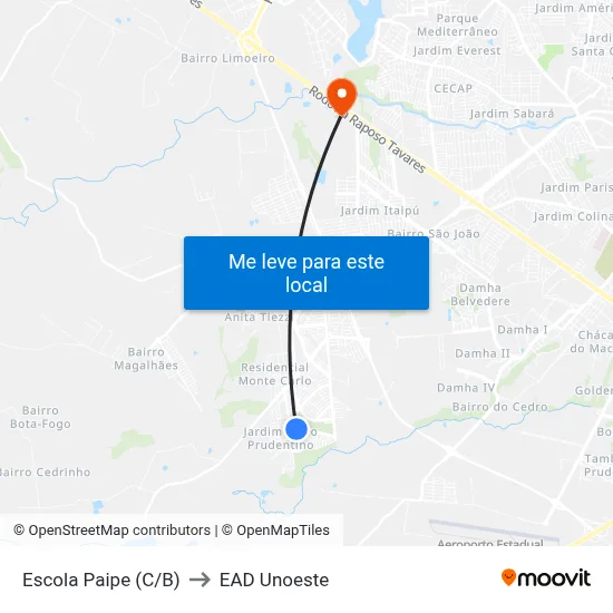 Escola Paipe (C/B) to EAD Unoeste map