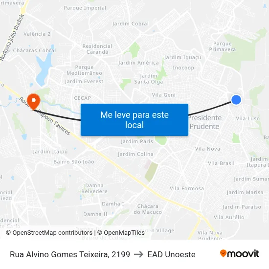 Rua Alvino Gomes Teixeira, 2199 to EAD Unoeste map