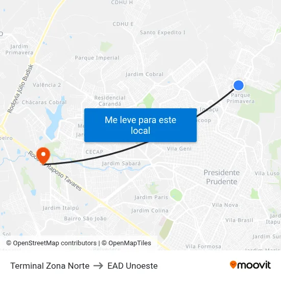 Terminal Zona Norte to EAD Unoeste map