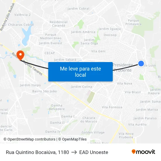 Rua Quintino Bocaiúva, 1180 to EAD Unoeste map