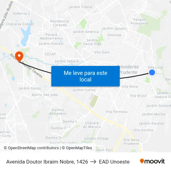 Avenida Doutor Ibraim Nobre, 1426 to EAD Unoeste map