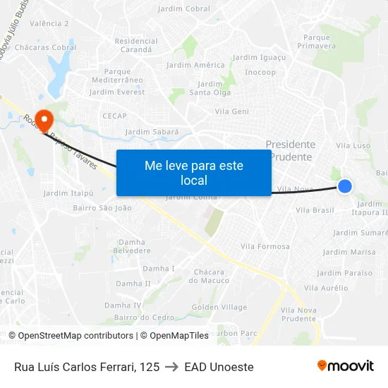 Rua Luís Carlos Ferrari, 125 to EAD Unoeste map