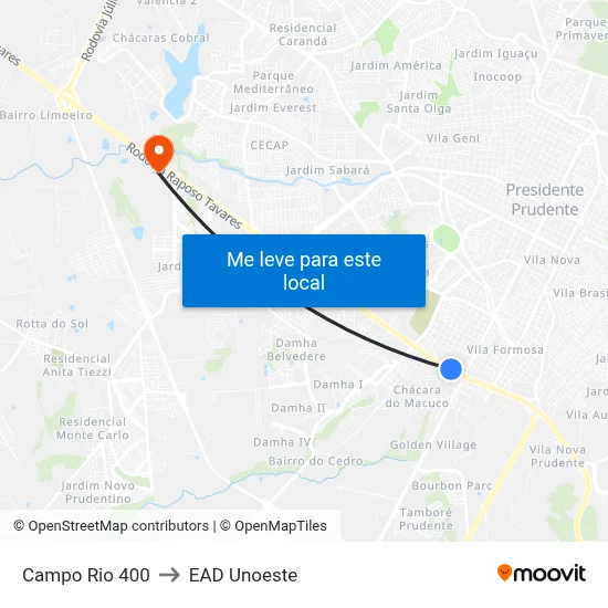 Campo Rio 400 to EAD Unoeste map