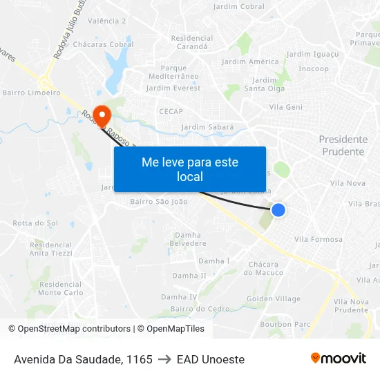 Avenida Da Saudade, 1165 to EAD Unoeste map