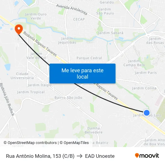 Rua Antônio Molina, 153 (C/B) to EAD Unoeste map
