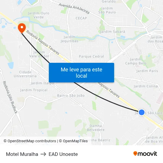 Motel Muralha to EAD Unoeste map