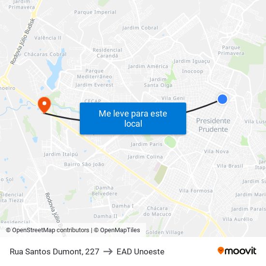 Rua Santos Dumont, 227 to EAD Unoeste map