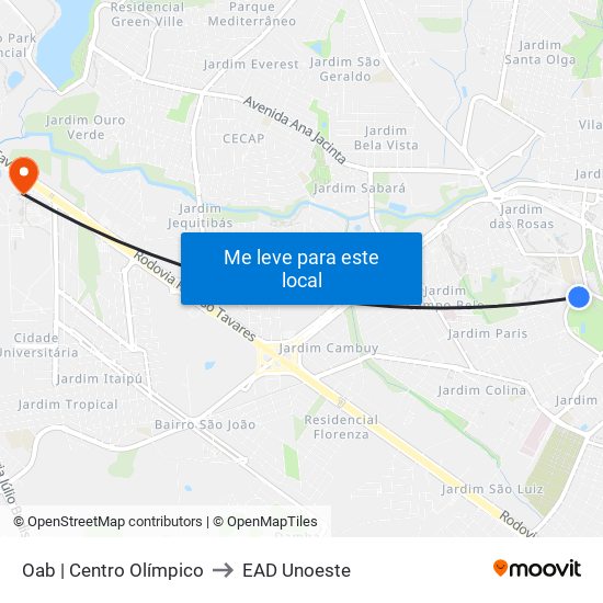 Oab | Centro Olímpico to EAD Unoeste map