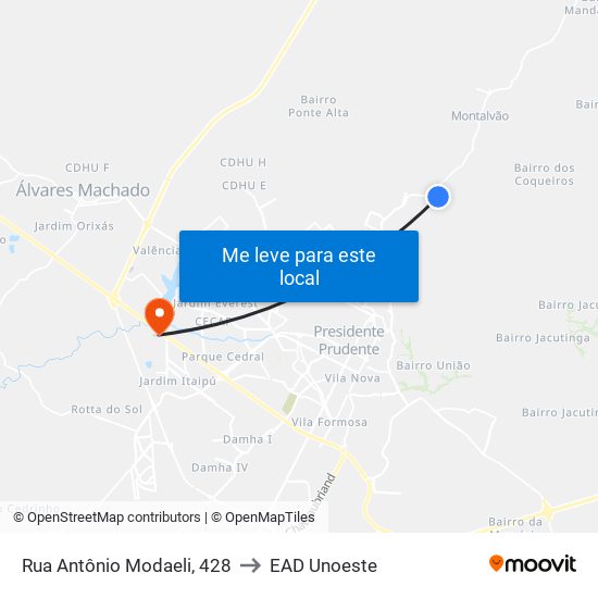 Rua Antônio Modaeli, 428 to EAD Unoeste map