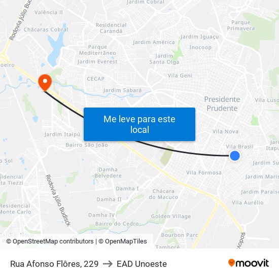 Rua Afonso Flôres, 229 to EAD Unoeste map