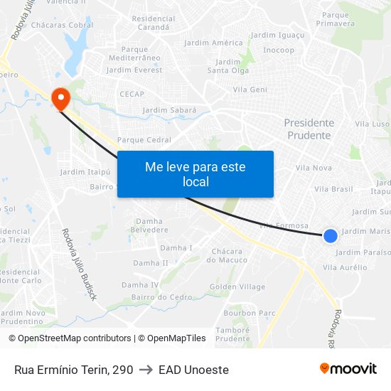 Rua Ermínio Terin, 290 to EAD Unoeste map