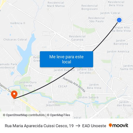 Rua Maria Aparecida Cuissi Cesco, 19 to EAD Unoeste map