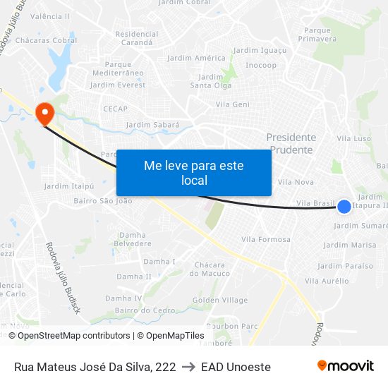 Rua Mateus José Da Silva, 222 to EAD Unoeste map