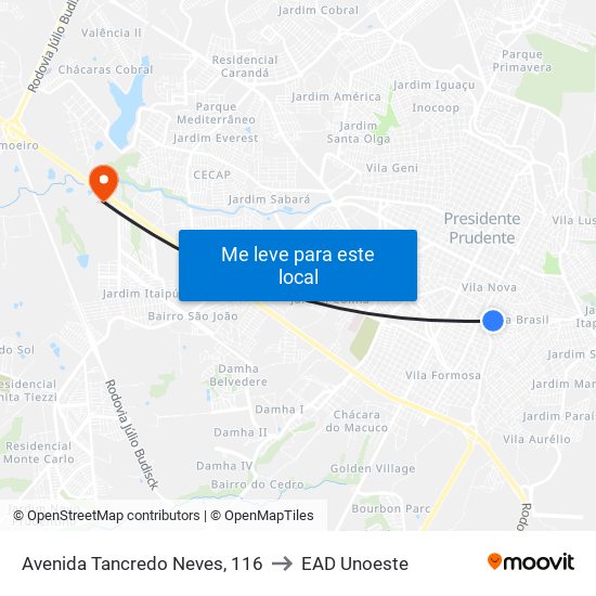 Avenida Tancredo Neves, 116 to EAD Unoeste map
