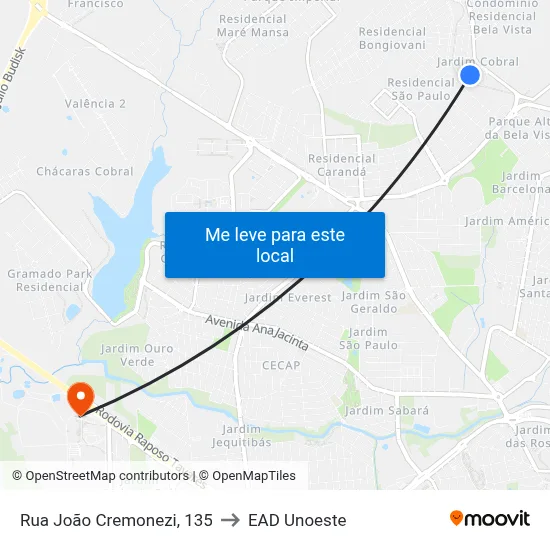 Rua João Cremonezi, 135 to EAD Unoeste map