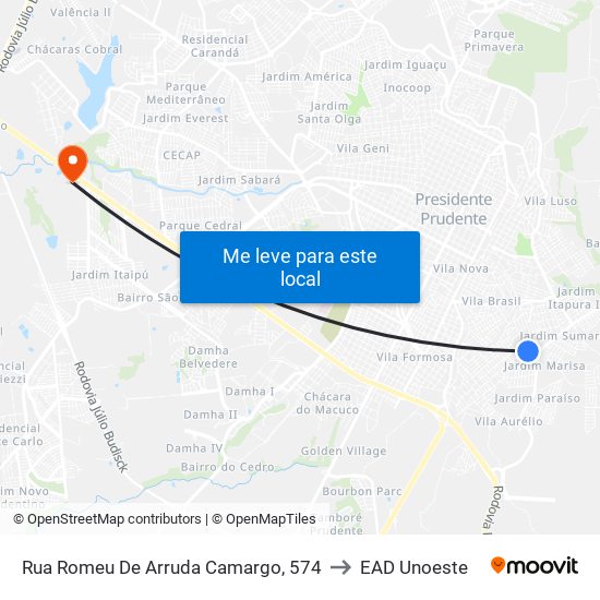 Rua Romeu De Arruda Camargo, 574 to EAD Unoeste map