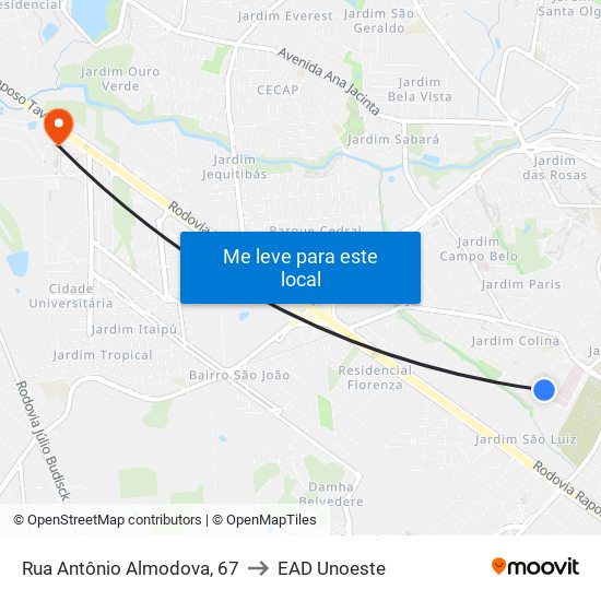 Rua Antônio Almodova, 67 to EAD Unoeste map