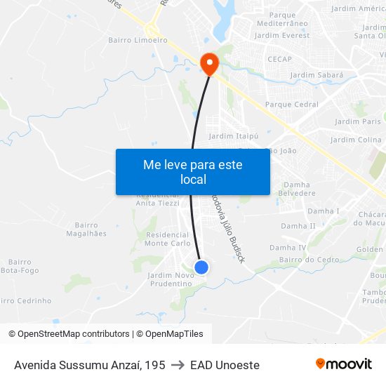 Avenida Sussumu Anzaí, 195 to EAD Unoeste map