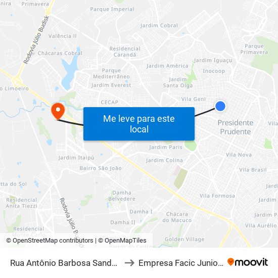 Rua Antônio Barbosa Sandoval Filho, 37 to Empresa Facic Junior Unoeste map