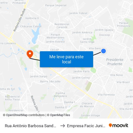 Rua Antônio Barbosa Sandoval Filho, 326 to Empresa Facic Junior Unoeste map