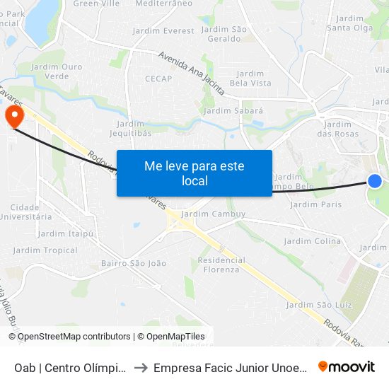 Oab | Centro Olímpico to Empresa Facic Junior Unoeste map