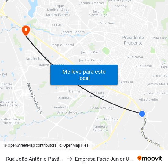 Rua João Antônio Pavão, 659 to Empresa Facic Junior Unoeste map