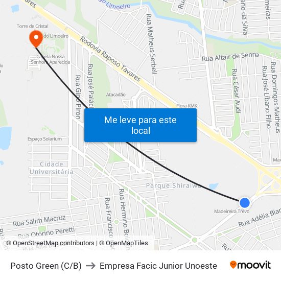 Posto Green (C/B) to Empresa Facic Junior Unoeste map