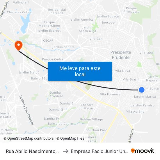 Rua Abílio Nascimento, 1320 to Empresa Facic Junior Unoeste map