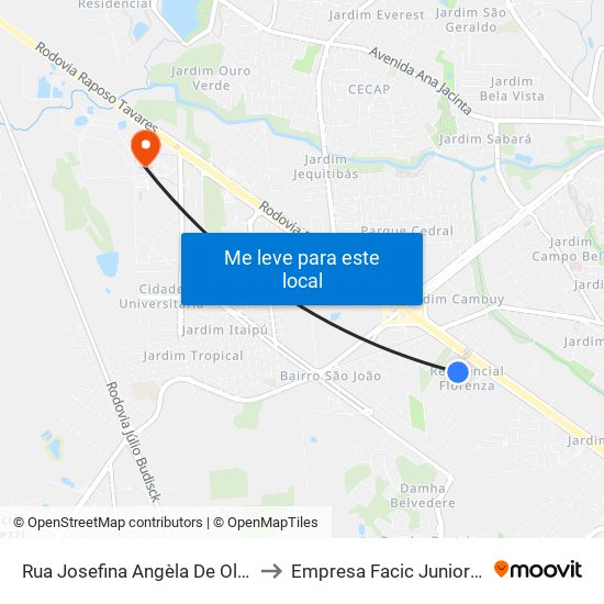 Rua Josefina Angèla De Oliveira, 153 to Empresa Facic Junior Unoeste map