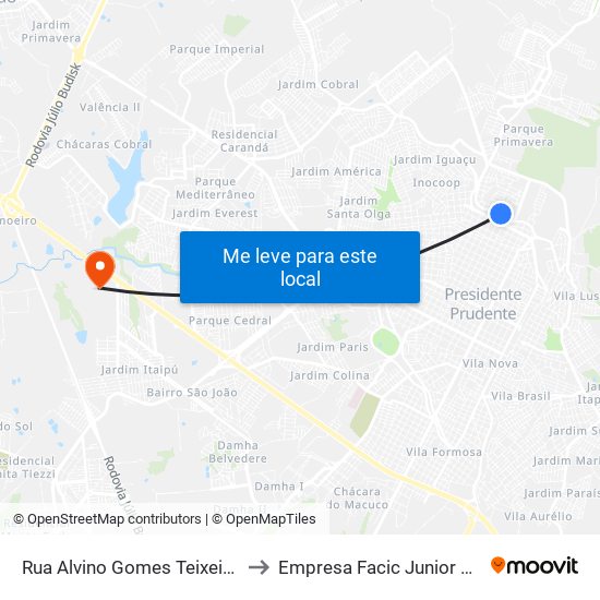 Rua Alvino Gomes Teixeira, 1504 to Empresa Facic Junior Unoeste map