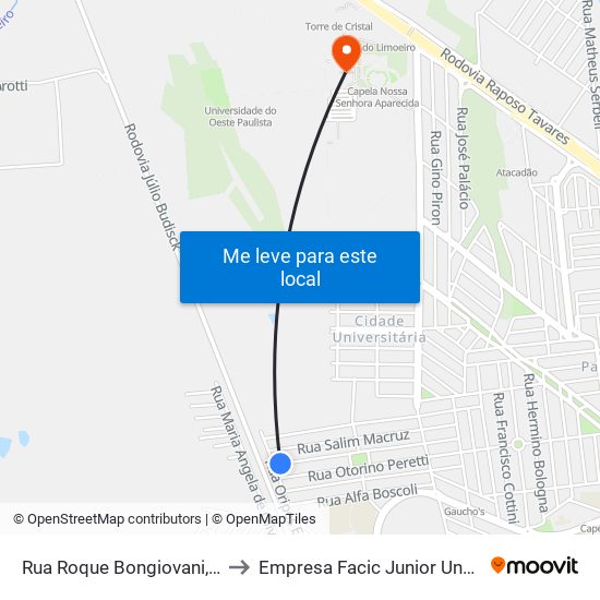 Rua Roque Bongiovani, 746 to Empresa Facic Junior Unoeste map