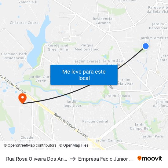 Rua Rosa Oliveira Dos Anjos, 271 to Empresa Facic Junior Unoeste map