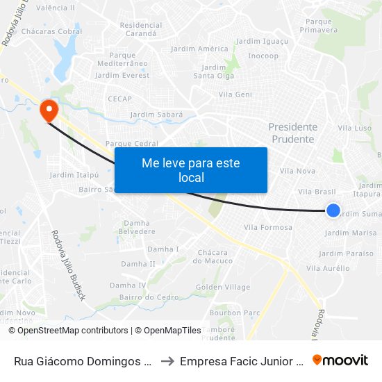Rua Giácomo Domingos Mungo, 2 to Empresa Facic Junior Unoeste map