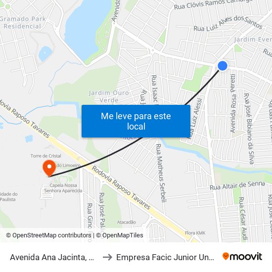 Avenida Ana Jacinta, 2316 to Empresa Facic Junior Unoeste map