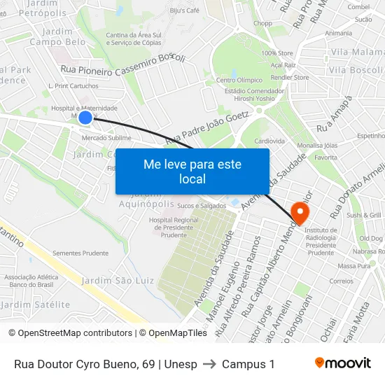 Rua Doutor Cyro Bueno, 69 | Unesp to Campus 1 map
