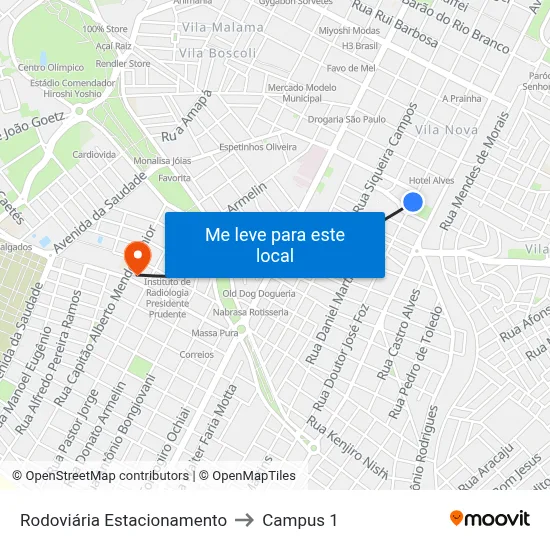 Rodoviária Estacionamento to Campus 1 map