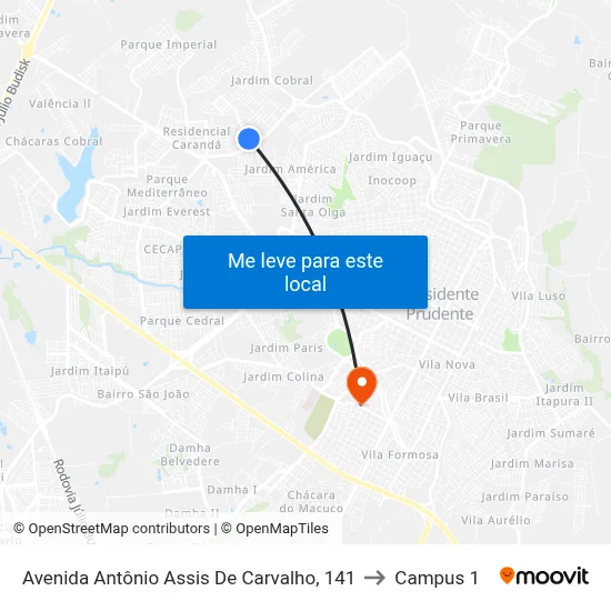 Avenida Antônio Assis De Carvalho, 141 to Campus 1 map