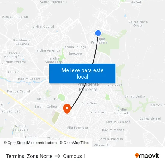 Terminal Zona Norte to Campus 1 map