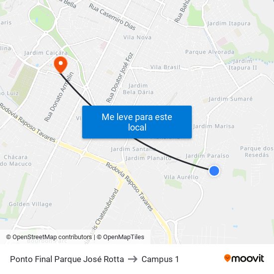 Ponto Final Parque José Rotta to Campus 1 map